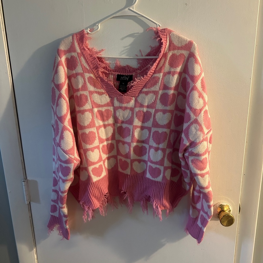 Nasty Gal Pink and White V-Neck Sweater with Distressed Edges